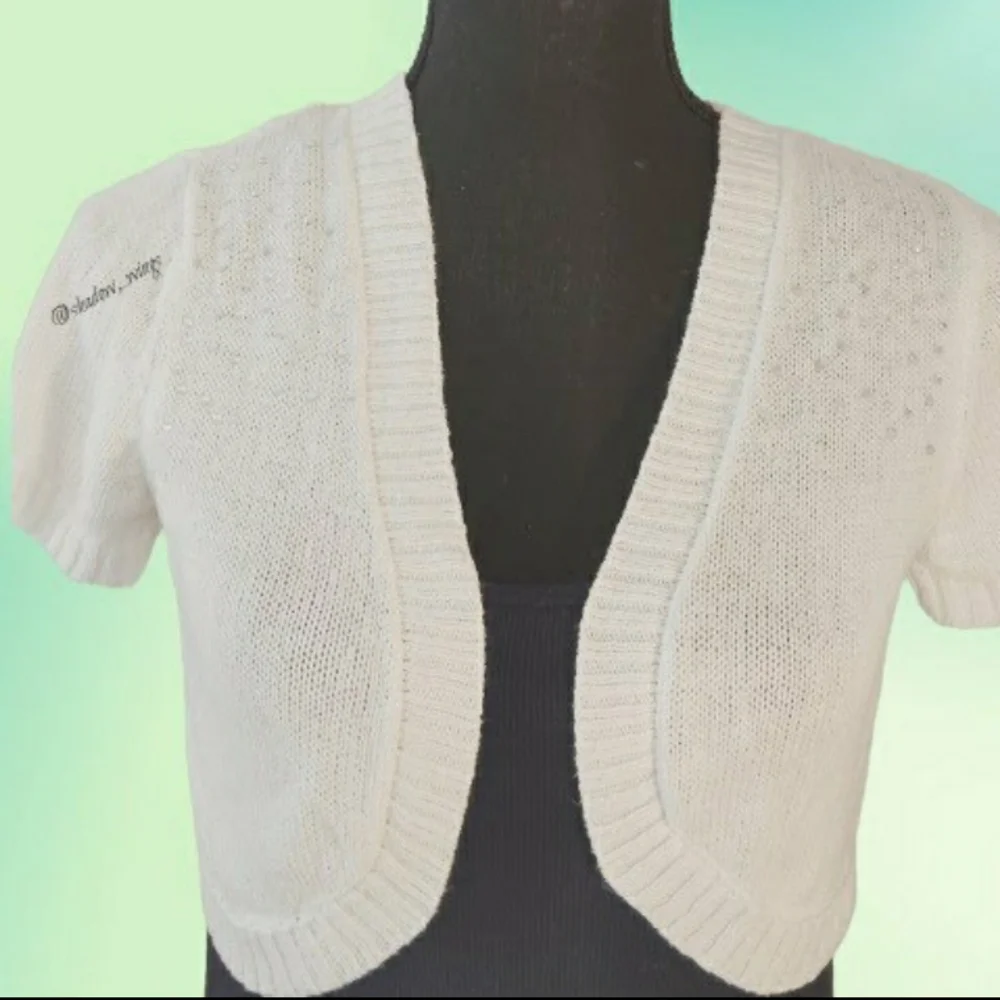 Justice White Rhinestone Shrug - Girl's 16/18 Women XS/Small Cropped Cardigan